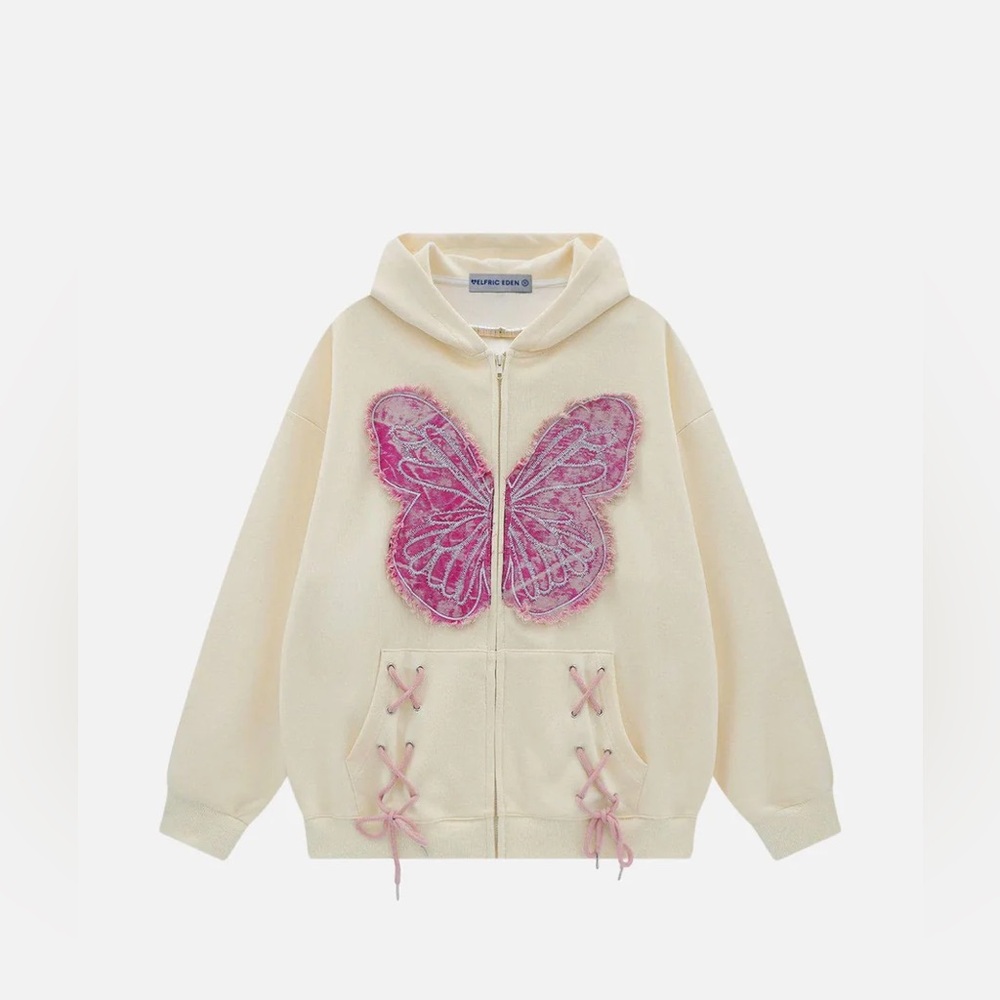 Aelfric Eden Cream Hoodie with Pink Butterfly Design
